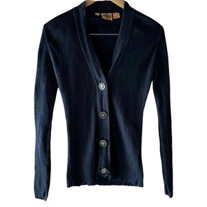 Tory Burch Navy Cotton Knit Ribbed Gold Logo Buttons Cardigan Sweater Medium